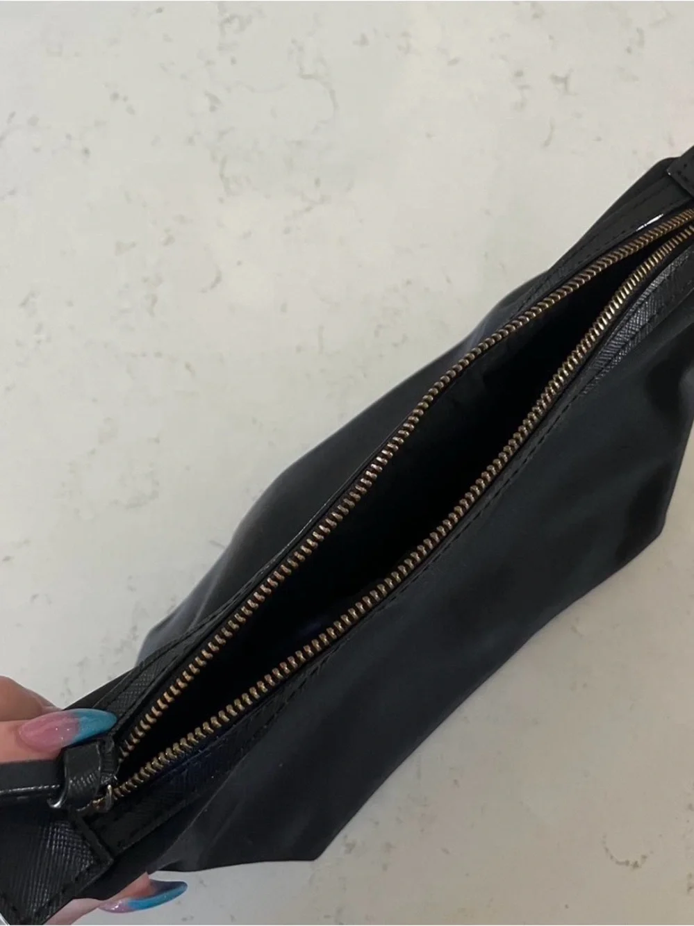 kate spade black nylon zip cosmetic pouch with gold-tone zipper